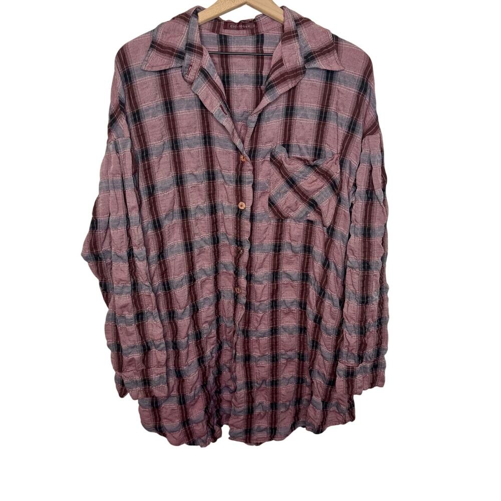 CUTLOOSE Women's XL Plaid Long Sleeve Shirtdress Maroon Burgundy Y2K Grunge